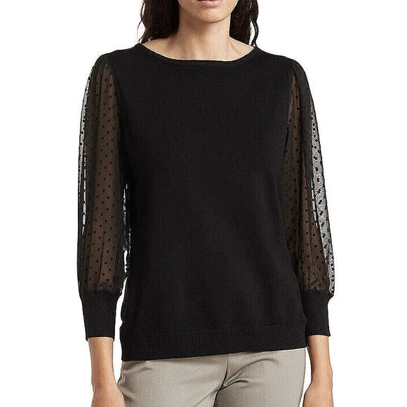 Adrianna Papell Black Clip Dot Long Puff Sleeve Pullover Sweater Blouse Top S - Picture 1 of 7